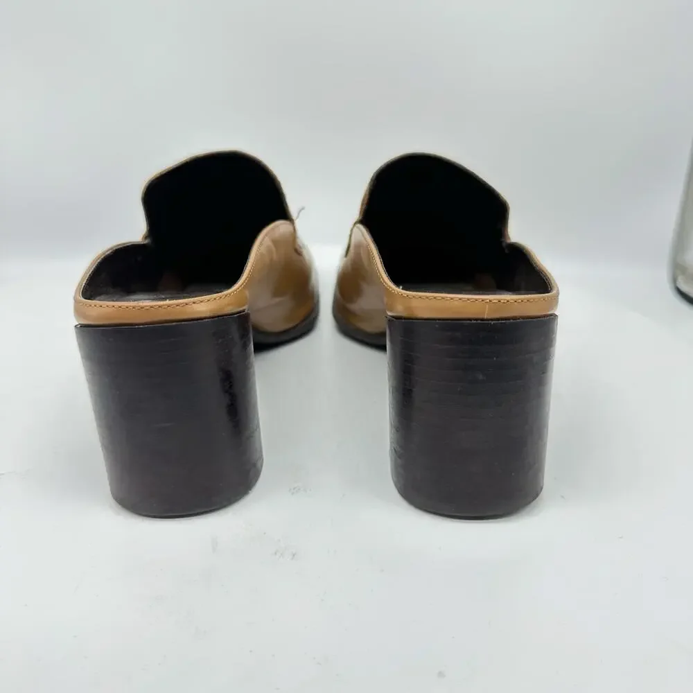 Apostrophe Cognac Block Heel Leather Square Toe Mule Womens Size 7 Y2K Vintage